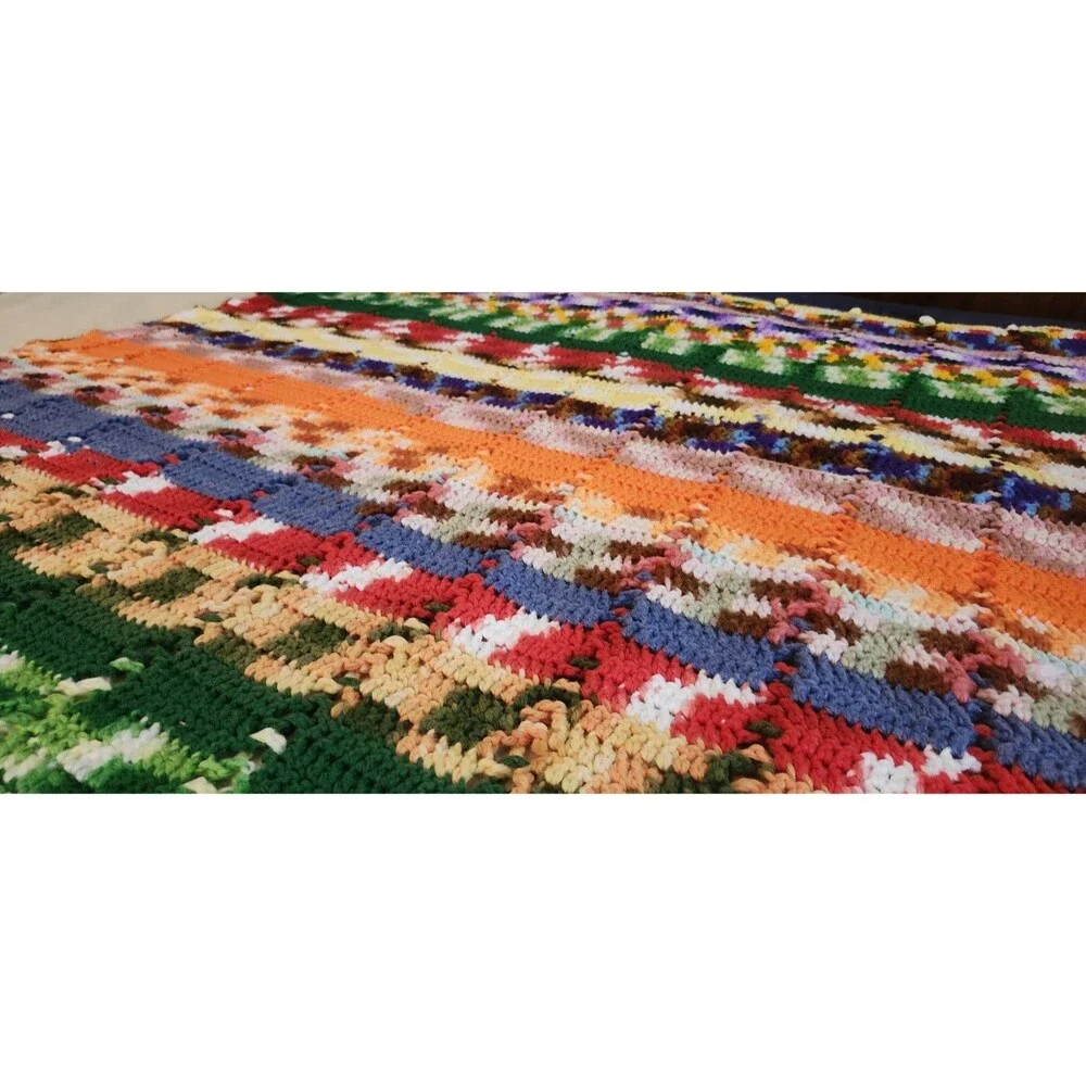 Vintage Crochet Knitted‎ Grannycore Blanket Afghan Retro 67 x 48Colorful